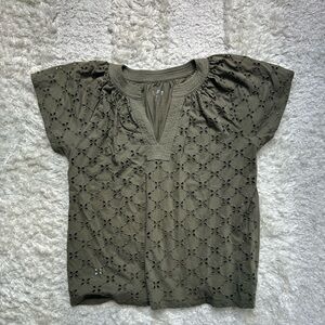 LOFT Olive Eyelet Flutter Sleeve Top